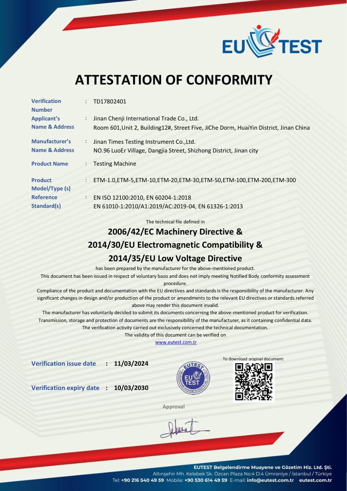 CE Compliance Certificate - ETM Series Testing Machines (EN ISO 12100, EN 60204-1, EN 61010-1, EN 61326-1)